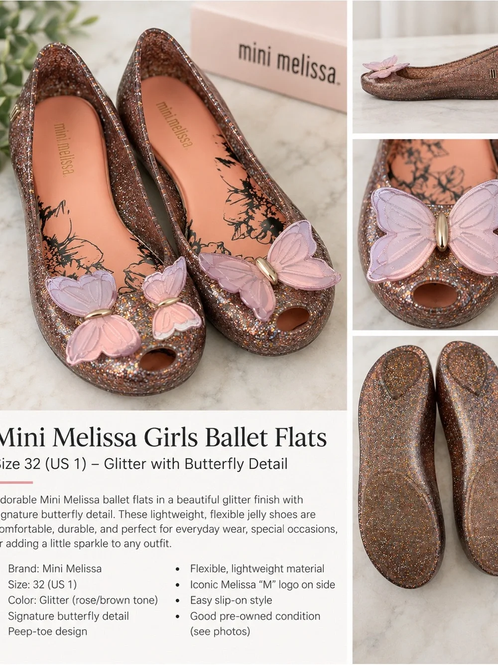 Mini Melissa Glitter Butterfly Jelly Flats – Girls Size 32 / US - Rose/Brown